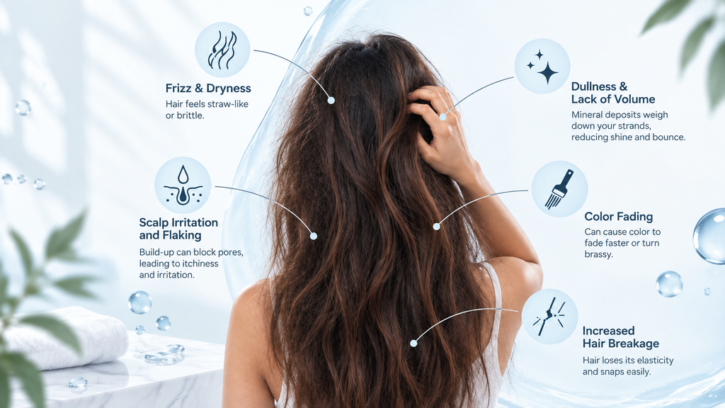 What Hard Water Does to Your Hair: Damage, Signs & Solutions Infographic displaying common signs of hard water hair damage including dryness, frizz, and breakage