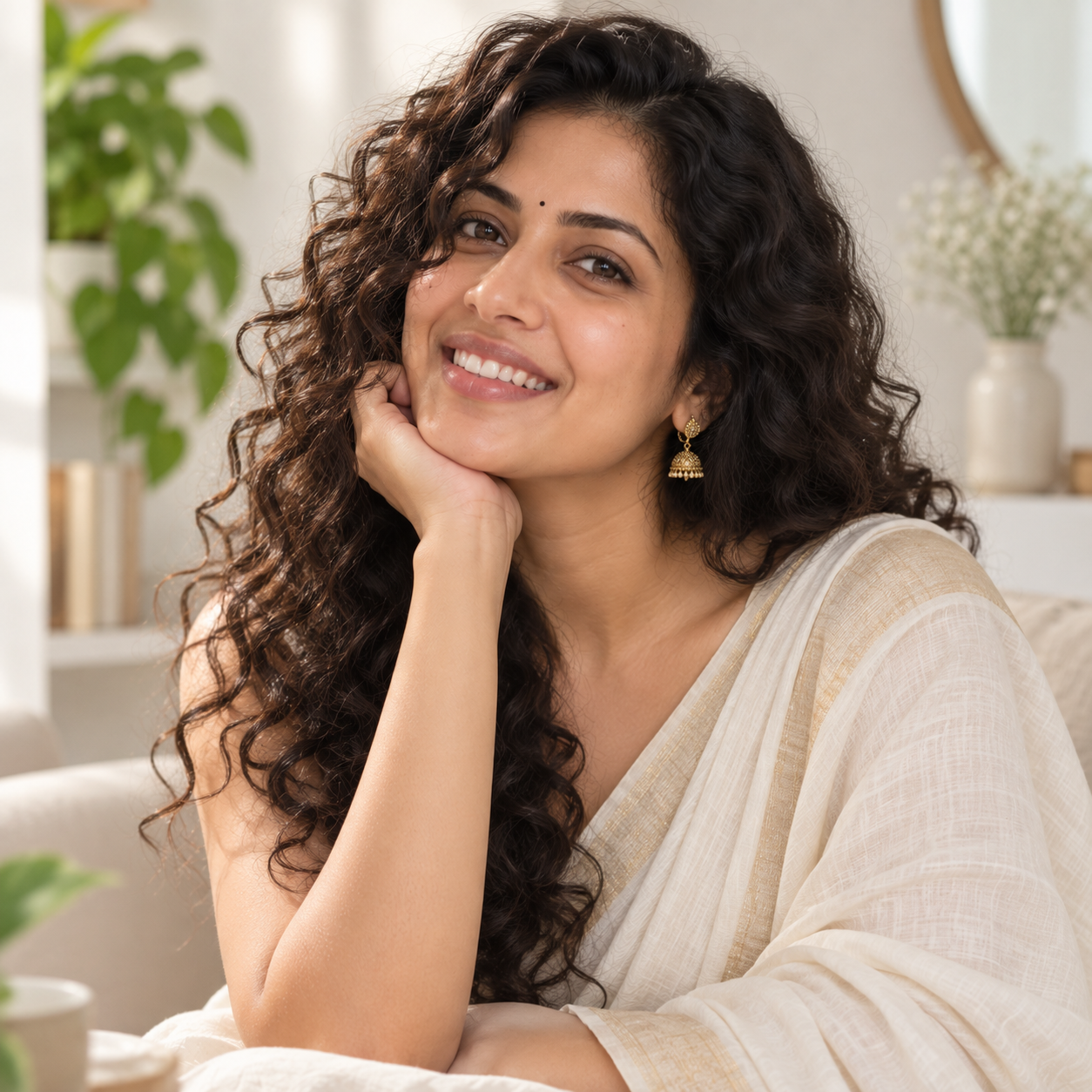 Anita Seth sharing customer review for PHYLO hard water hair care with healthy curly hair