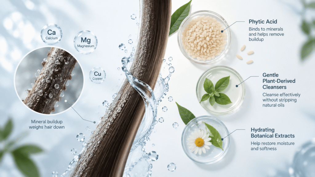 Infographic showing Phytic Acid and plant-derived cleansers removing hard water mineral buildup